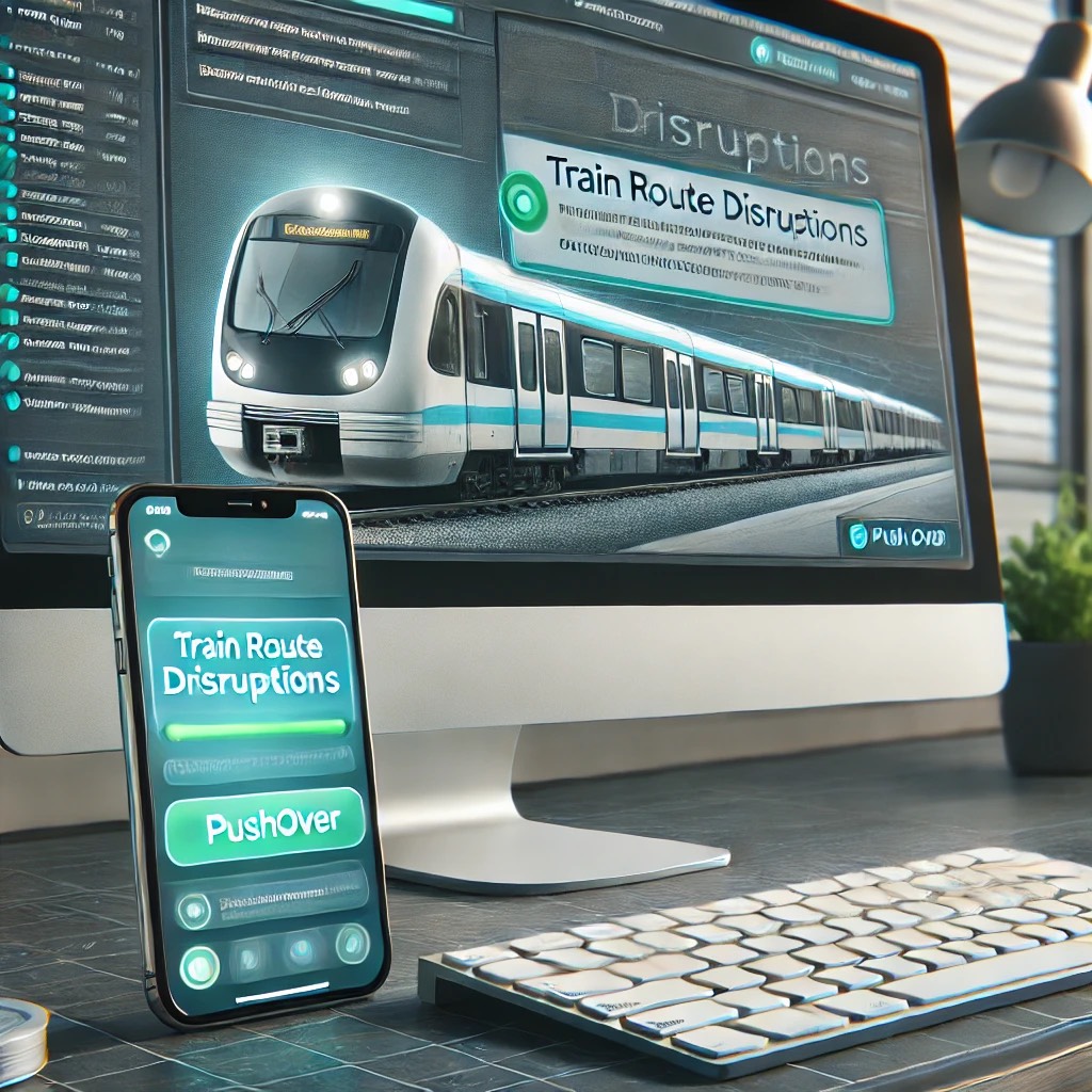 Illustration of an automated train disruption alert system using FileMaker Server.